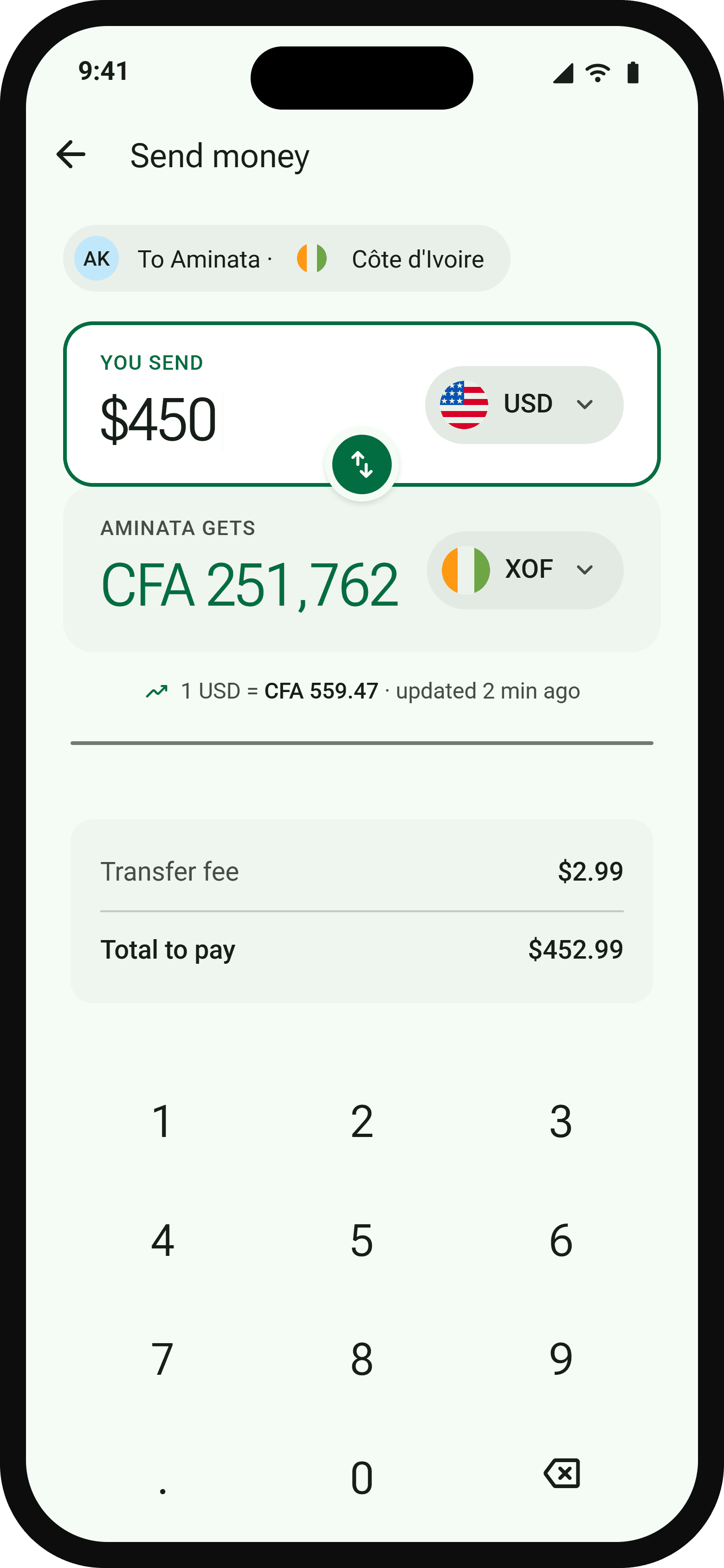 VeloraSend send money screen